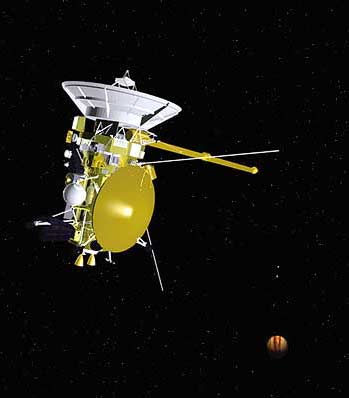 An artist’s conception of Cassini, along with the gold-plated, disc-shaped Huygens probe