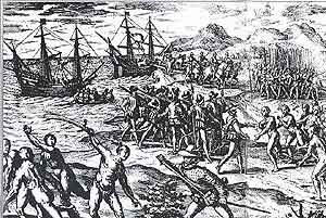 Engraving depicting Spanish invaders and American natives