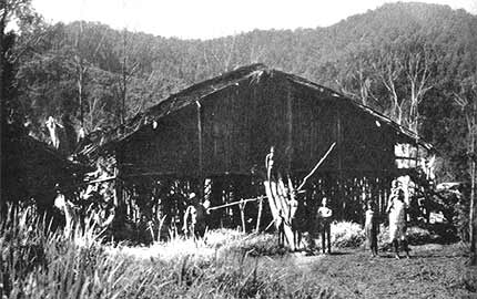 The hut of a mountain chief: The houses are erected on poles with the floor ten feet or more above the ground. The left side of the house is reserved for women and the right side for men.