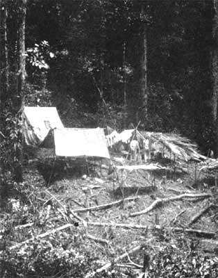 A Mountain camp: In uninhabited mountain districts extensive clearings are necessary before camp can successfully be established.